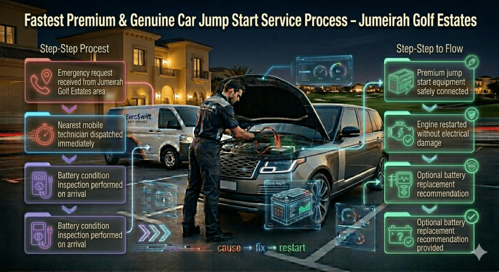Step-by-step infographic showing Jumeirah Golf Estates car jump start process including emergency request, technician dispatch, inspection, jump start, engine restart, and battery recommendation.