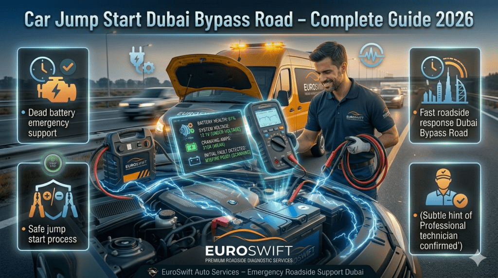 A professional roadside technician performing a car jump start on Dubai Bypass Road using jumper cables, with a branded service vehicle and emergency roadside setup in a cinematic infographic style.