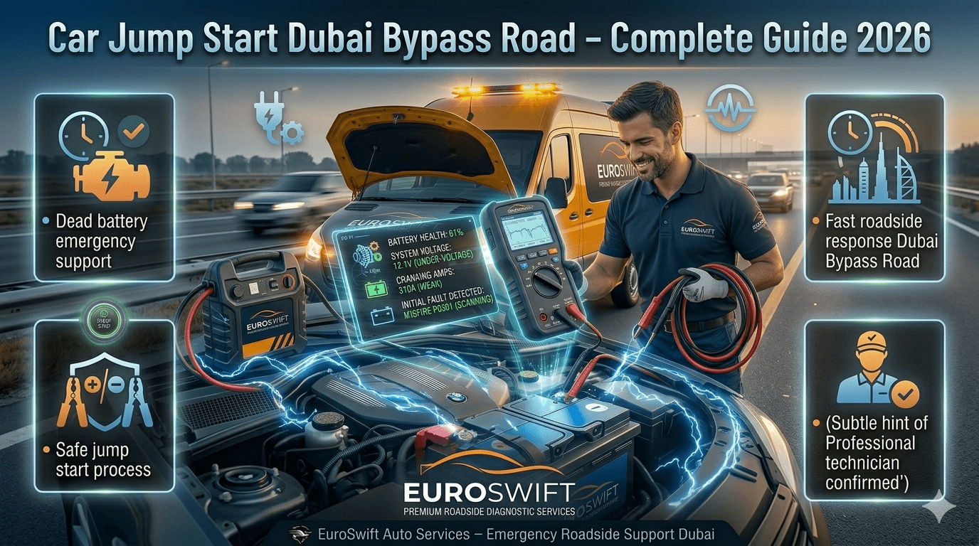 A professional roadside technician performing a car jump start on Dubai Bypass Road using jumper cables, with a branded service vehicle and emergency roadside setup in a cinematic infographic style.