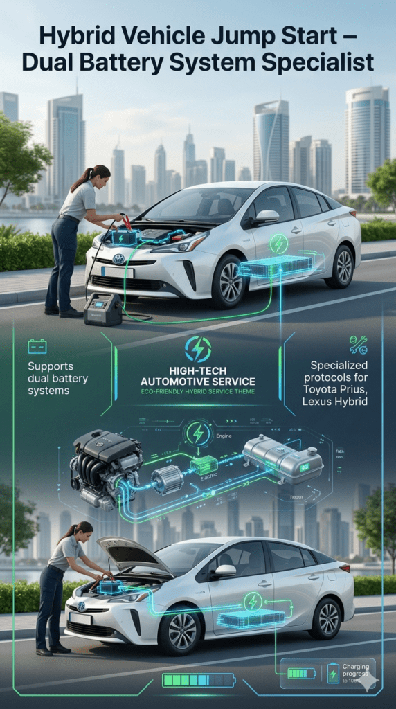 Hybrid vehicle jump start service showing technician handling dual battery system for Toyota Prius and Lexus Hybrid with eco-tech visualization.