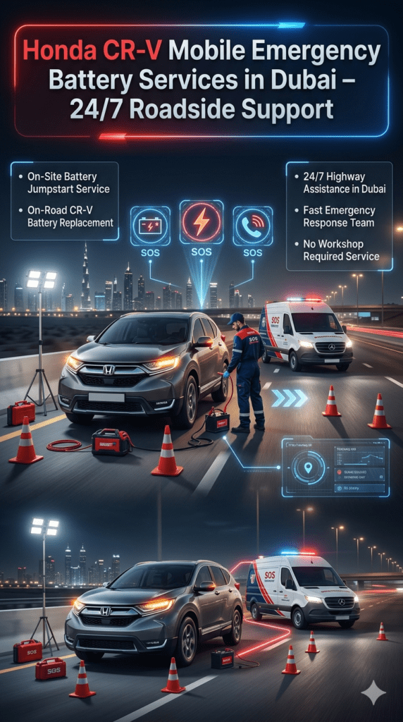 Honda CR-V roadside emergency battery service in Dubai showing mobile jumpstart, on-road battery replacement, and 24/7 highway assistance with service van.