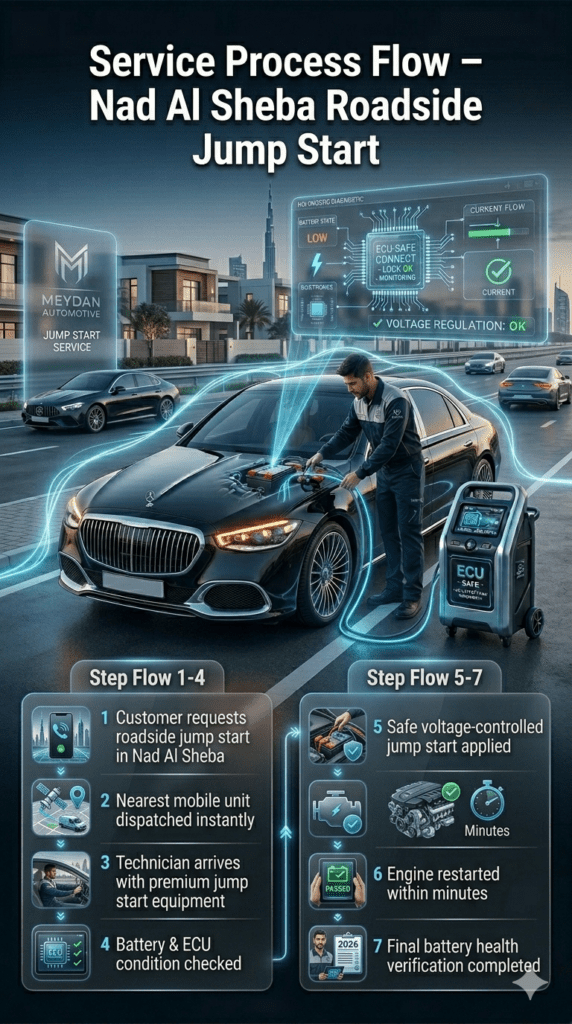 Premium automotive infographic showing step-by-step ECU-safe roadside jump start service process in Nad Al Sheba Dubai with mobile technician, luxury car support, and emergency recovery flow.