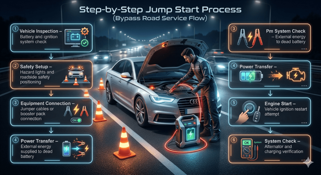 Step-by-step roadside jump start process infographic showing vehicle inspection, safety setup, equipment connection, power transfer, engine start, and system check on Bypass Road service flow.