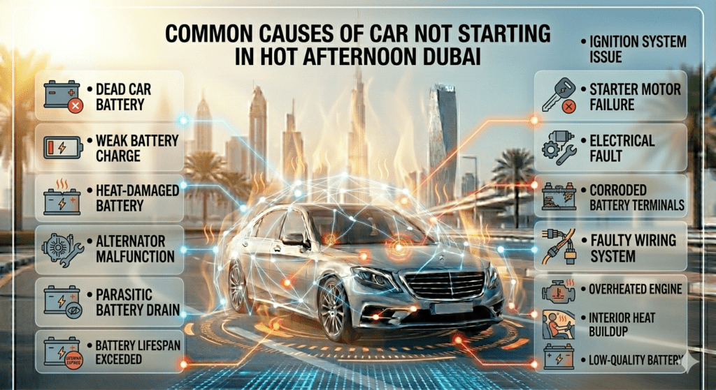 Car not starting in hot afternoon Dubai showing common causes like battery failure, heat damage, and electrical issues