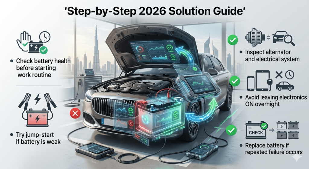 Step-by-step car battery solution guide 2026 showing diagnosis, jump-start, alternator check, and battery replacement