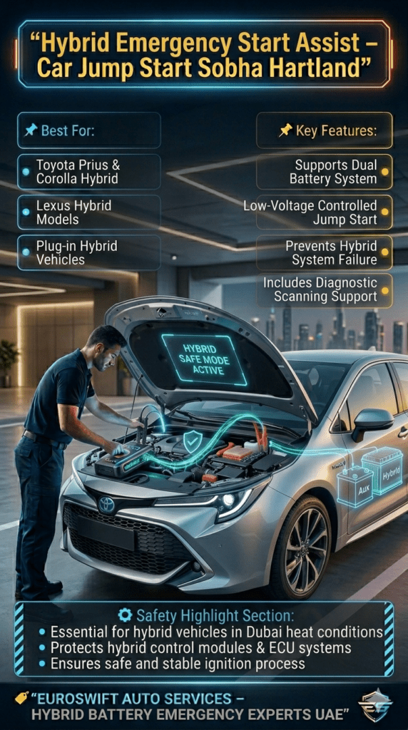 Hybrid emergency jump start service in Sobha Hartland Dubai showing Toyota Prius being safely started with diagnostic device supporting dual battery system and ECU protection.