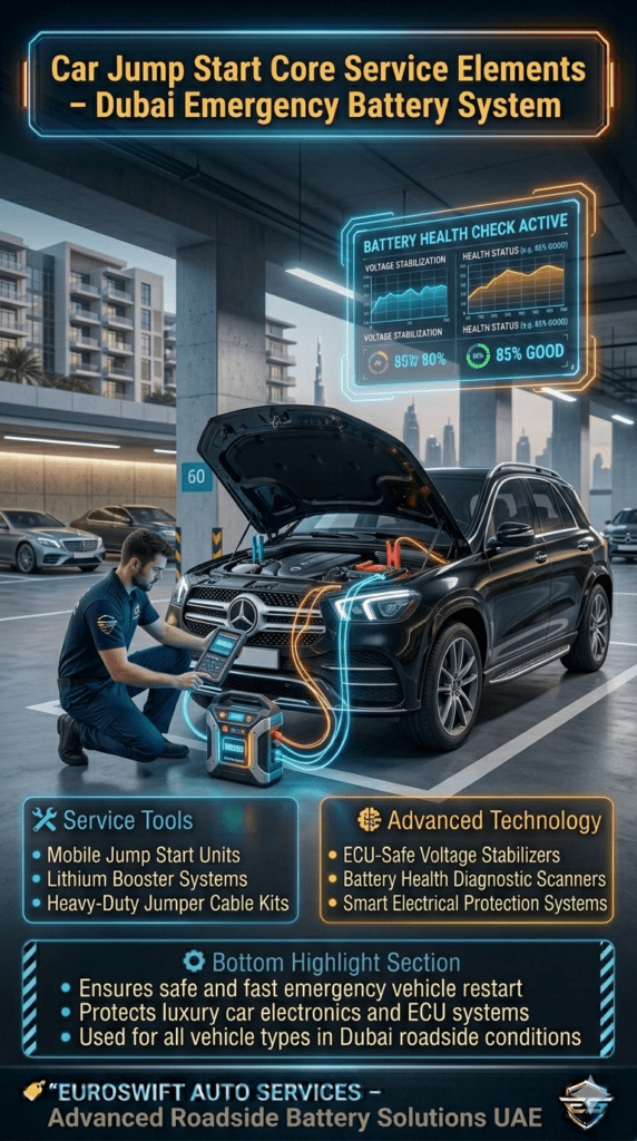 Luxury roadside jump start service in Dubai showing technician using lithium booster and diagnostic scanner on car battery with infographic service elements and ECU protection systems.