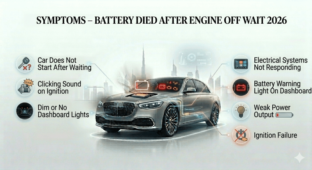 Symptoms of car battery failure after engine off wait shown in a clean infographic with warning signs
