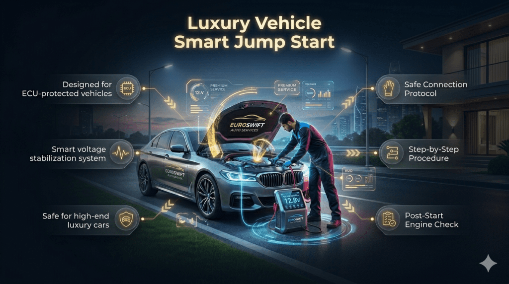 Infographic showing luxury car jump start with smart voltage stabilization system designed for ECU-protected vehicles like BMW, Mercedes, and Range Rover.
