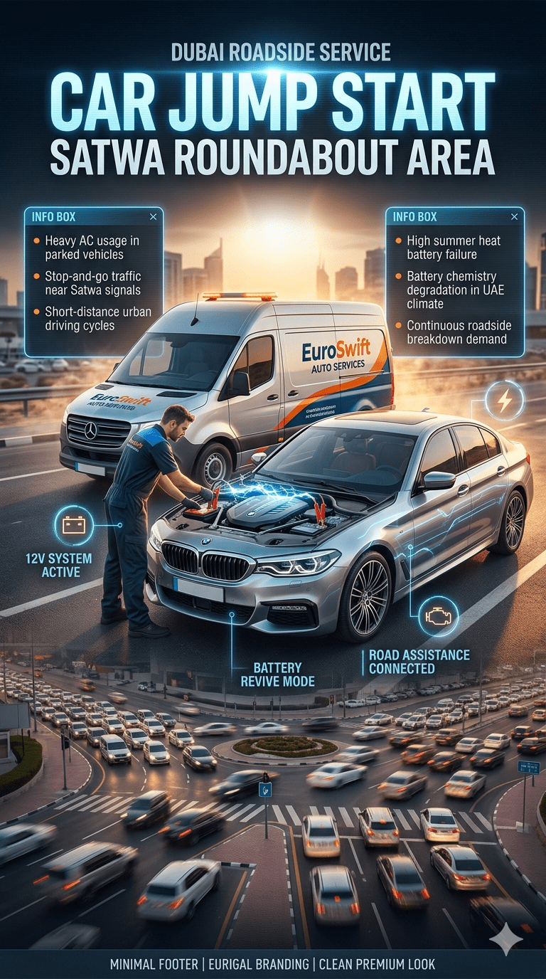 Car jump start service at Satwa Roundabout Dubai showing roadside technician using jumper cables on a vehicle with EuroSwift Auto Services van and traffic congestion background.