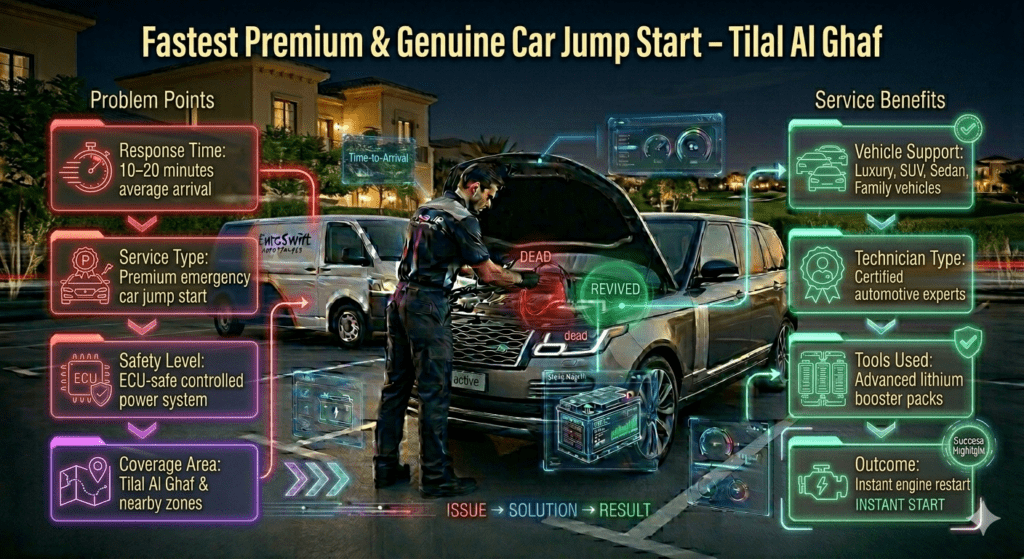 Feature table infographic showing Tilal Al Ghaf jump start service with EuroSwift Auto Services technician, including response time, safety system, coverage, tools, vehicle support, and instant engine restart.