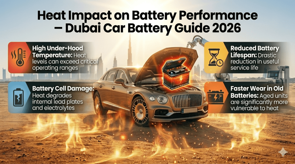 Car battery overheating due to high under-hood temperature in Dubai heat causing reduced lifespan and battery damage