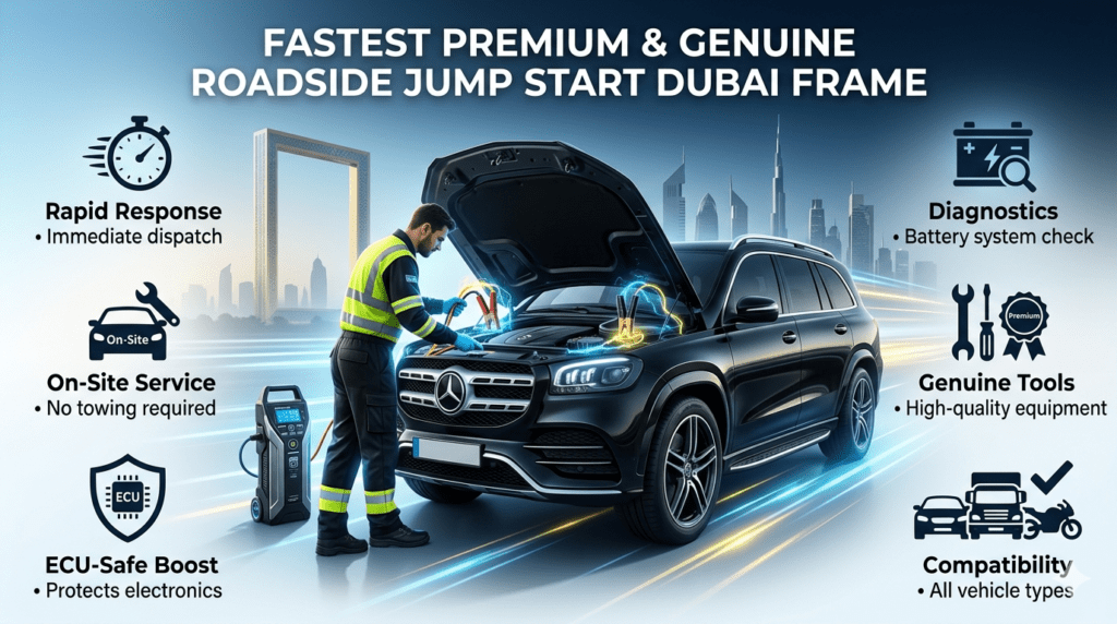 Premium roadside jump start service showing technician boosting car battery with key service components displayed on sides.