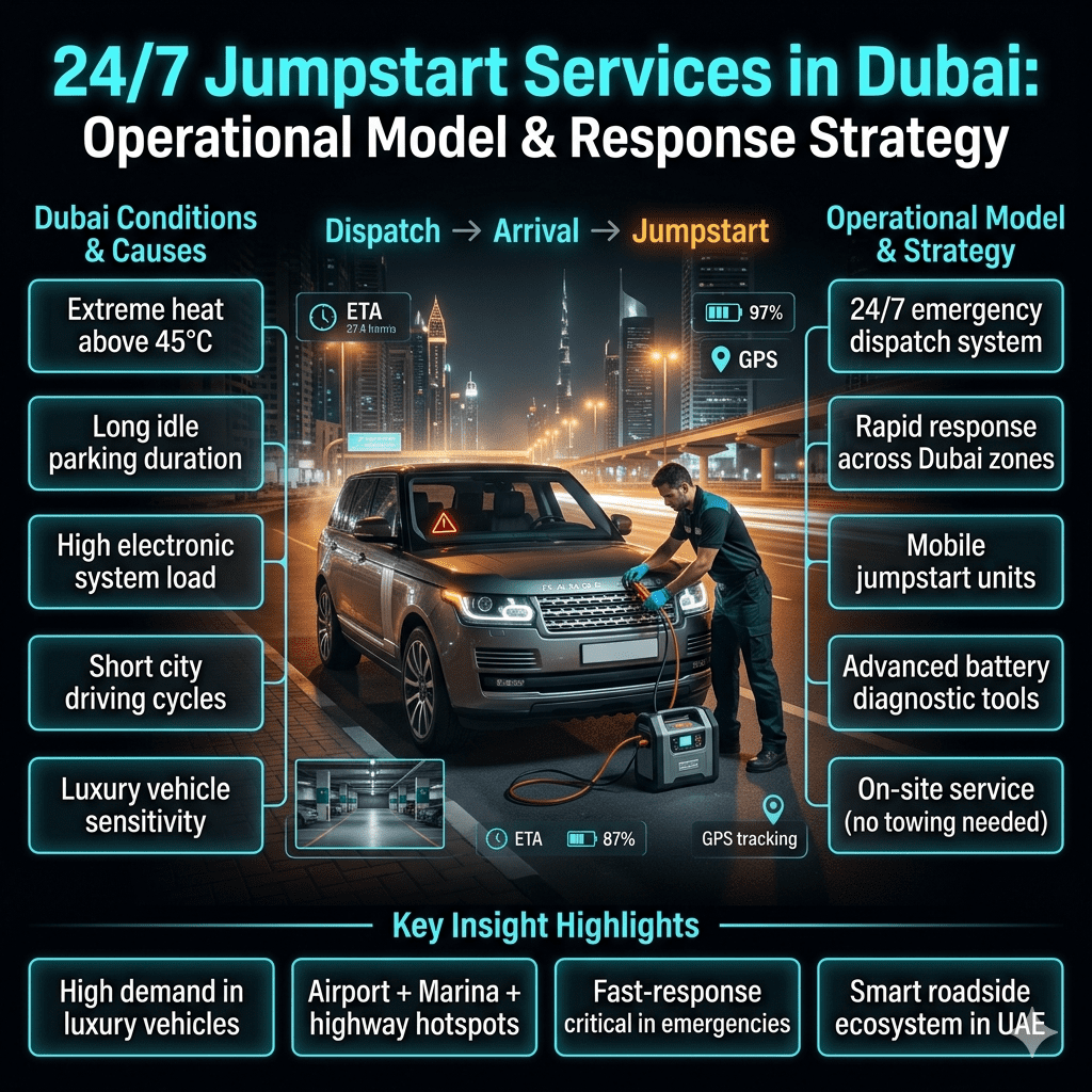A luxury car in Dubai city at night receiving 24/7 jumpstart service from a roadside technician with glowing diagnostic and emergency response visuals.