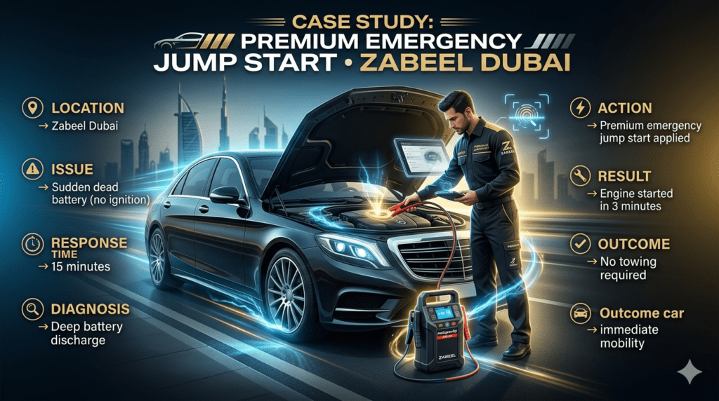 Roadside emergency jump start case study in Zabeel Dubai showing technician boosting car battery with structured service details on both sides.
