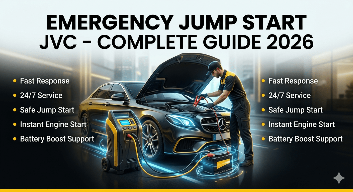 Emergency jump start service in JVC showing a technician boosting a car battery with key features highlighted around the image.
