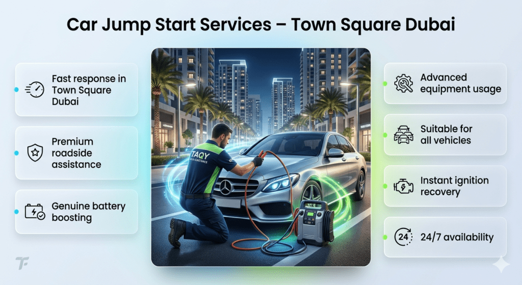 Professional roadside assistance infographic showing car jump start service in Town Square Dubai with technician boosting vehicle battery, surrounded by service features in a modern digital layout.