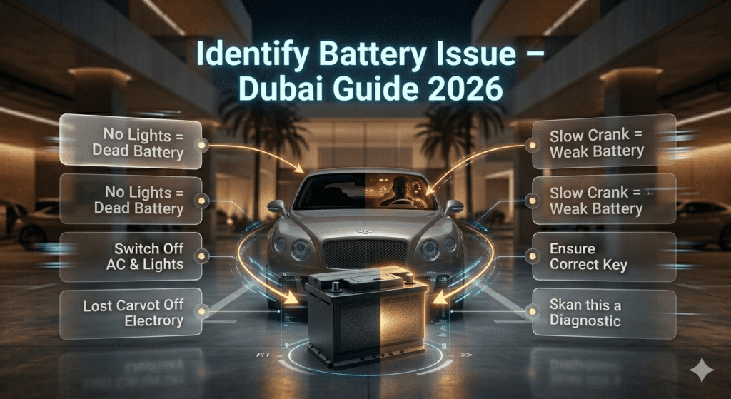 Car battery issue identification showing no lights for dead battery and slow crank for weak battery in Dubai parking.