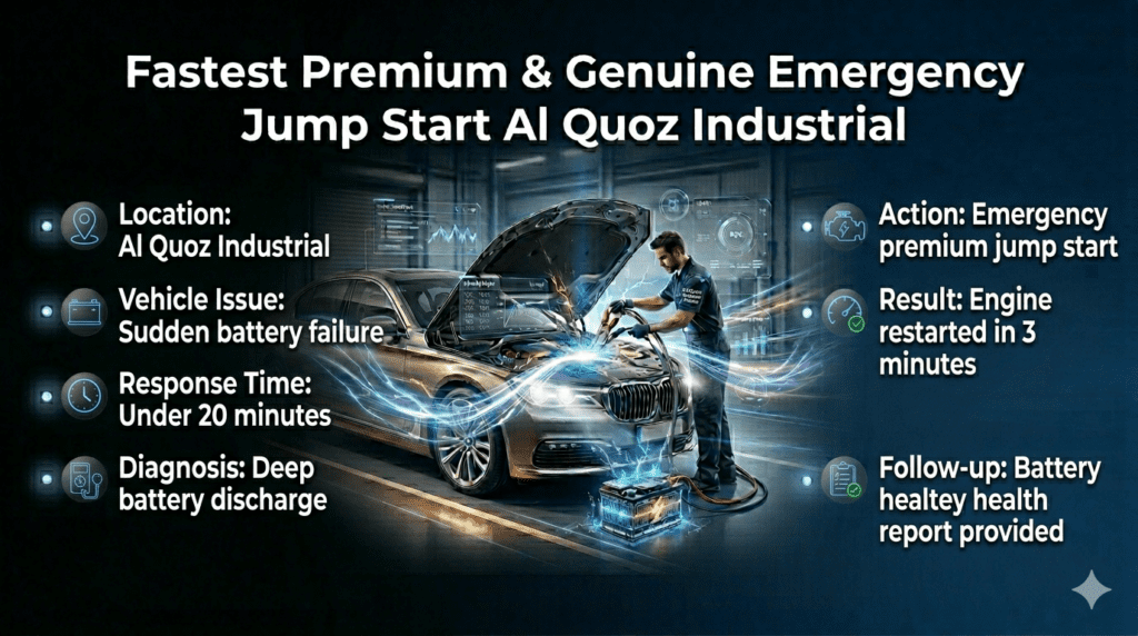 Emergency jump start case study in Al Quoz Industrial showing technician fixing dead battery with service results and timeline details.