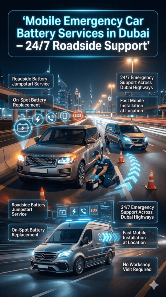 Roadside mobile car battery jumpstart and replacement service in Dubai showing emergency technician, luxury car assistance, and 24/7 highway support.