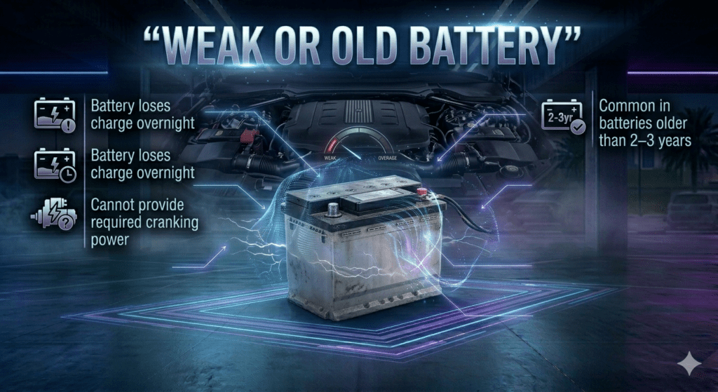 Weak or old car battery infographic showing battery losing charge and reduced cranking power
