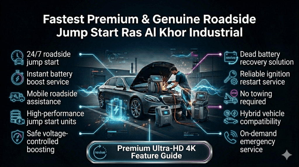 Roadside jump start service features in Ras Al Khor Industrial showing technician boosting car battery with key service benefits.