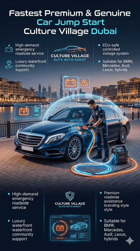 Luxury car jump start service in Culture Village Dubai showing ECU-safe roadside battery boost with technician and premium waterfront background.