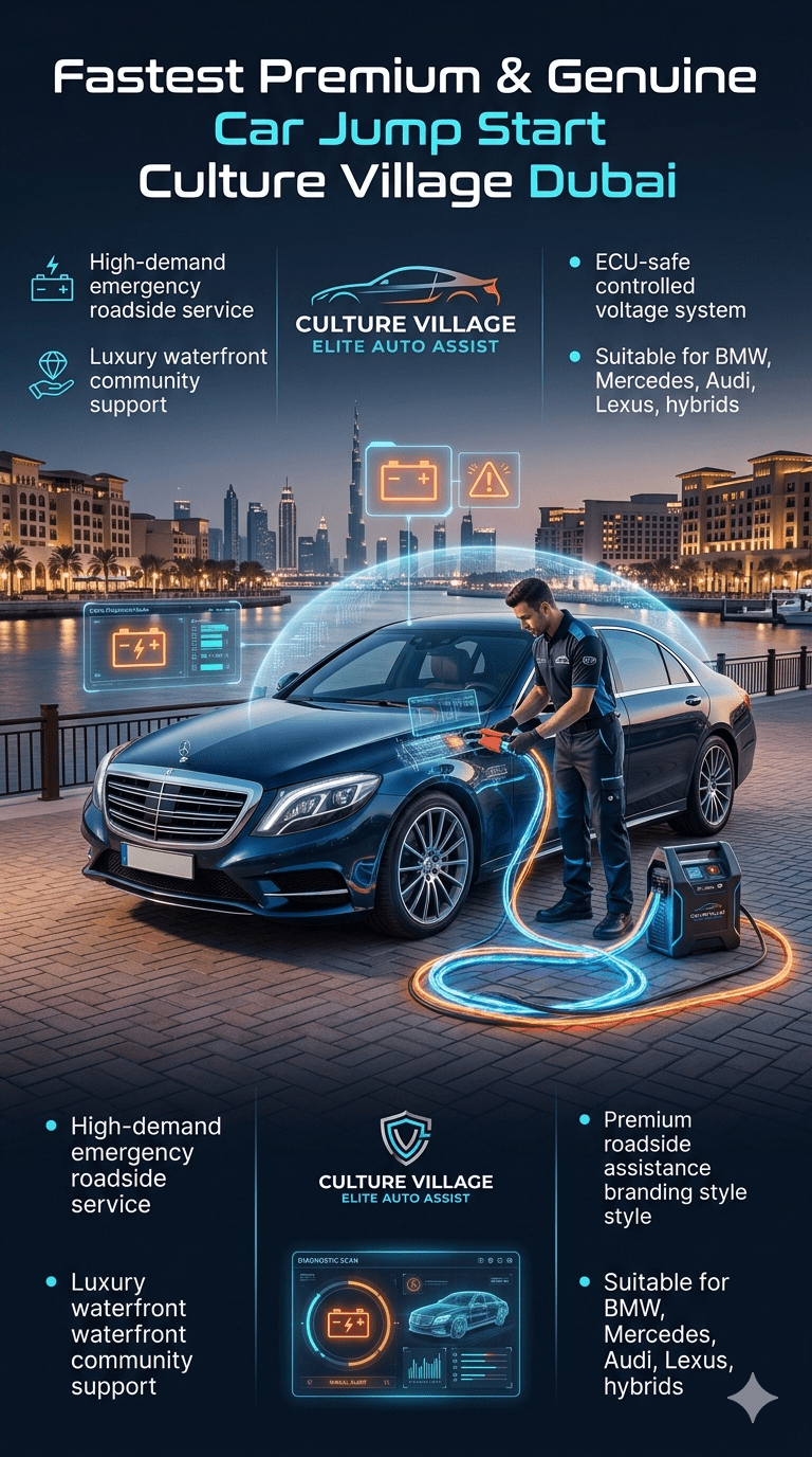 Luxury car jump start service in Culture Village Dubai showing ECU-safe roadside battery boost with technician and premium waterfront background.