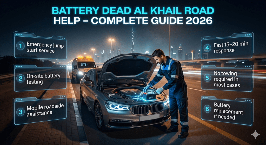 A cinematic roadside assistance scene on Al Khail Road Dubai showing a mechanic diagnosing a dead car battery with futuristic informational panels in a user guide style layout.