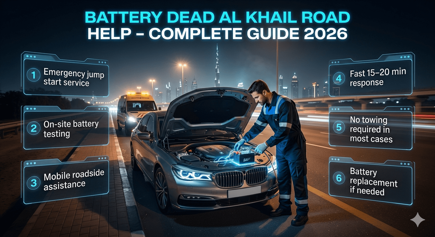 A cinematic roadside assistance scene on Al Khail Road Dubai showing a mechanic diagnosing a dead car battery with futuristic informational panels in a user guide style layout.