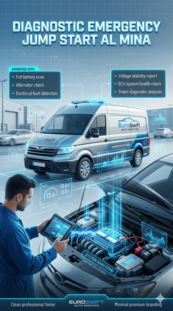 Diagnostic emergency jump start service in Al Mina Dubai showing technician performing full battery scan and alternator check using digital diagnostic tools with futuristic HUD interface and roadside assistance van.