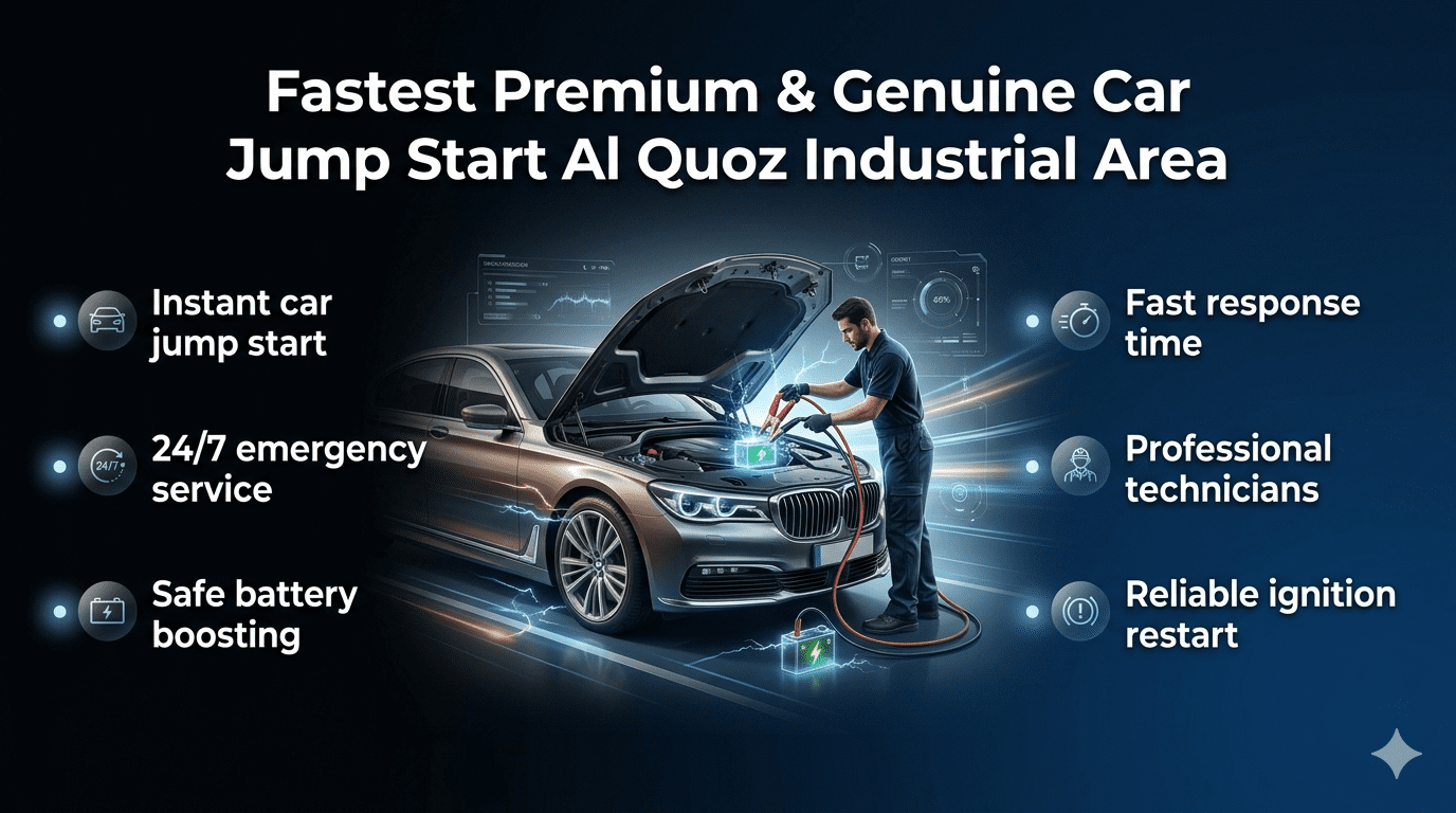 Fastest premium car jump start service in Al Quoz Industrial Area with technician boosting a vehicle battery and key service highlights displayed.