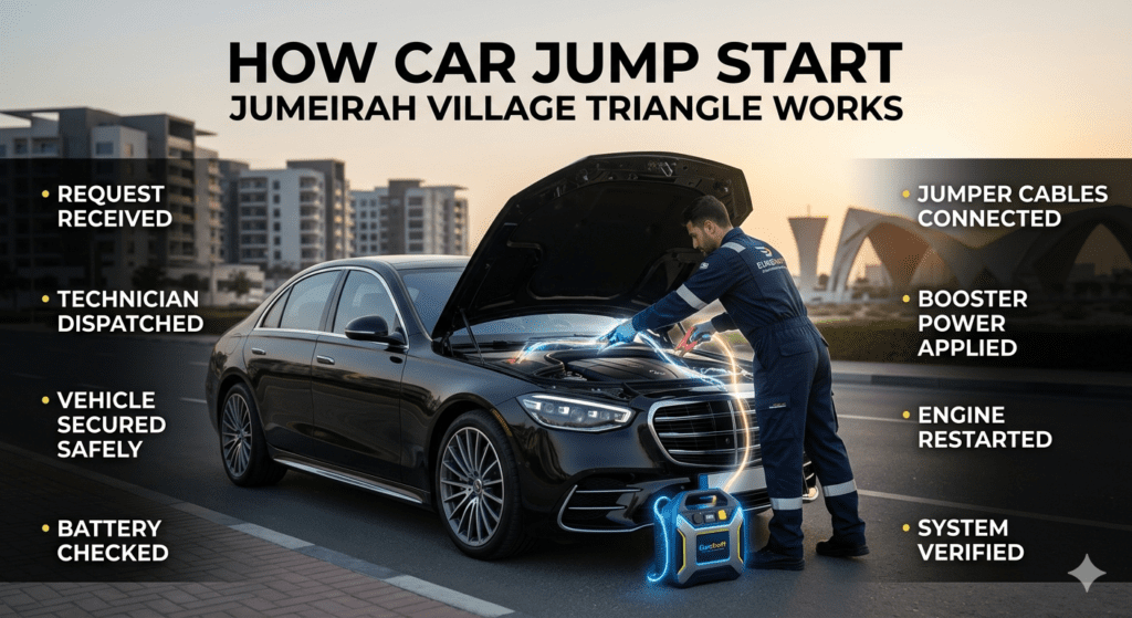 Step-by-step car jump start process in Jumeirah Village Triangle showing technician boosting a car battery with clear workflow steps displayed around the image.