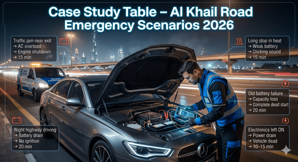 A cinematic roadside assistance scene on Al Khail Road Dubai showing a mechanic diagnosing a car battery with a futuristic case study table overlay displaying emergency breakdown scenarios.
