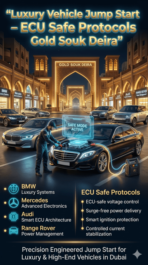 Luxury vehicle jump start service infographic showing BMW, Mercedes, Audi, and Range Rover ECU-safe protocols with controlled electrical connection and premium roadside assistance in Gold Souk Deira Dubai.