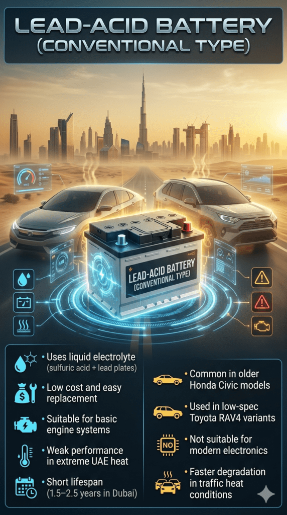 Lead-acid battery infographic showing conventional car battery type used in Honda Civic and Toyota RAV4 with key features, usage, and limitations in UAE heat conditions.