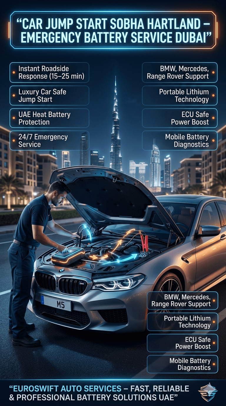 Luxury car jump start Sobha Hartland emergency roadside service in Dubai showing technician using portable battery booster on BMW with infographic-style safety points and EuroSwift Auto Services branding.
