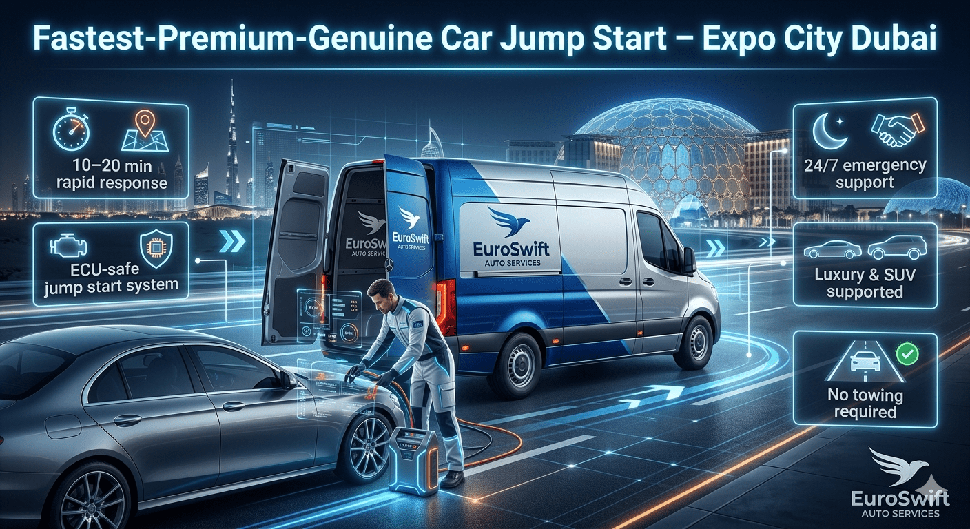 Premium infographic showing fastest-premium-genuine car jump start service in Expo City Dubai with EuroSwift Auto Services technician performing safe roadside battery boost and service highlights displayed on sides.