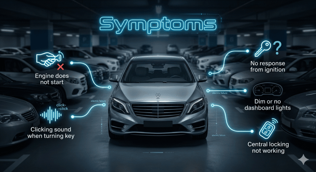 Symptoms Car battery failure symptoms showing no start, clicking sound, and no dashboard lights