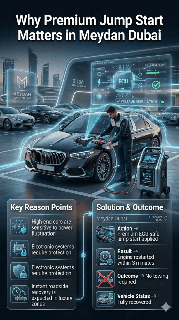 Premium automotive infographic showing ECU-safe jump start importance in Meydan Dubai with luxury car protection, electronic safety, and controlled voltage roadside recovery system.