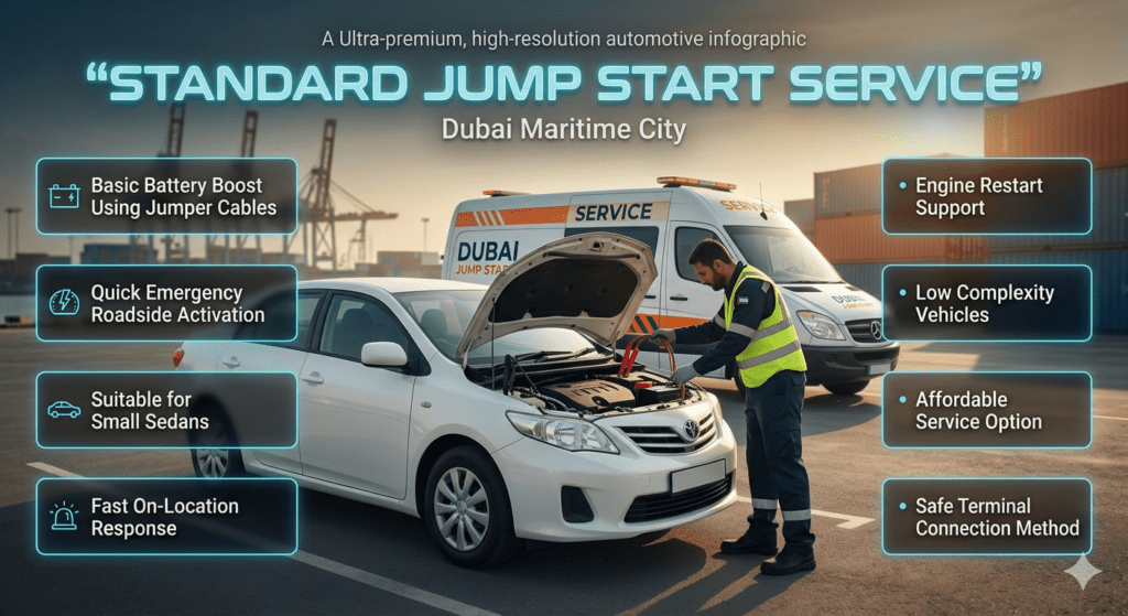 Technician performing standard jump start using jumper cables on a small sedan in Dubai Maritime City with roadside assistance van and dockyard background.
