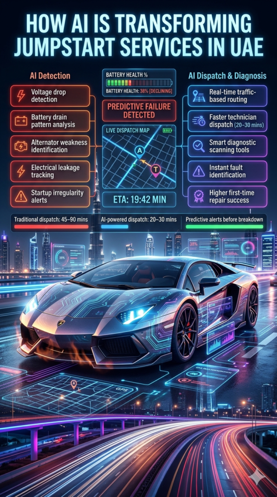 Futuristic car with AI diagnostics showing predictive battery alerts and smart roadside dispatch system in UAE.AI Future of Jumpstart Services in UAE Expert guide 2026 –