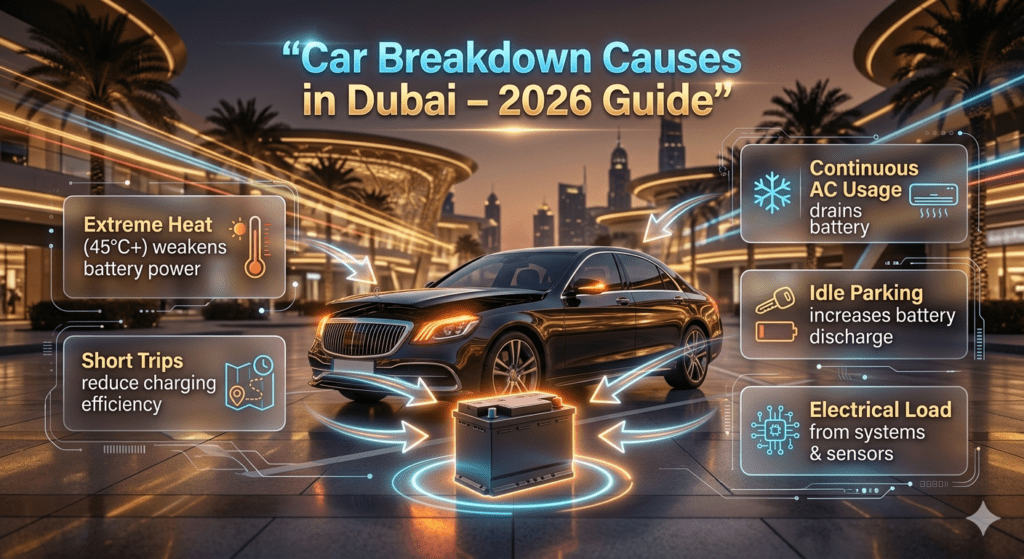 Dubai car breakdown infographic showing heat, AC usage, and electrical load causing battery failure in mall parking.