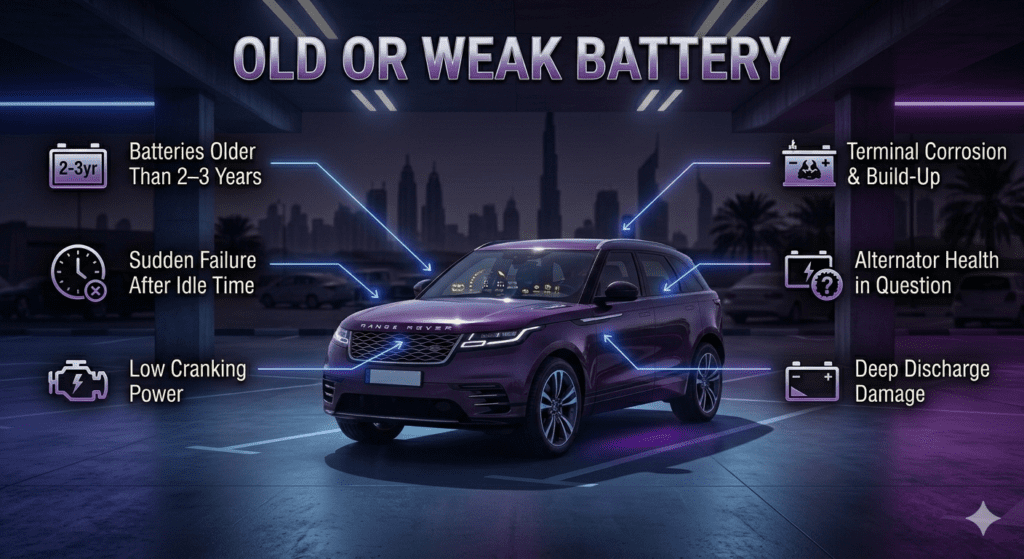 Old or weak car battery causing starting failure and low cranking power