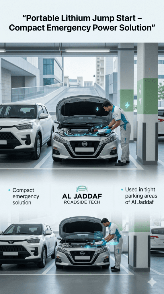 Portable lithium jump start service using compact device in tight parking space in Al Jaddaf Dubai for emergency car battery restart.