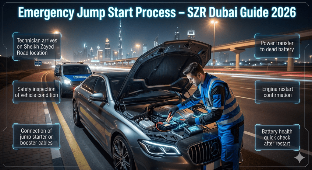 A cinematic roadside assistance scene on Sheikh Zayed Road showing a technician performing an emergency jump start process with step-by-step informational panels in a futuristic user guide layout.