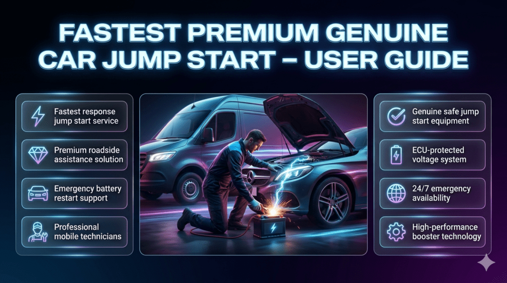 Futuristic user guide infographic showing premium car jump start service with central automotive visual and structured key points on both sides in a modern UI design.