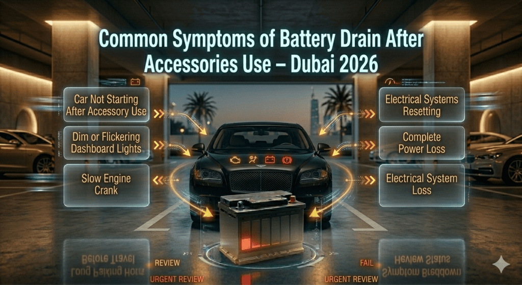 Car battery drain symptoms after accessory use in Dubai including no start, dim lights, slow crank, and power loss.