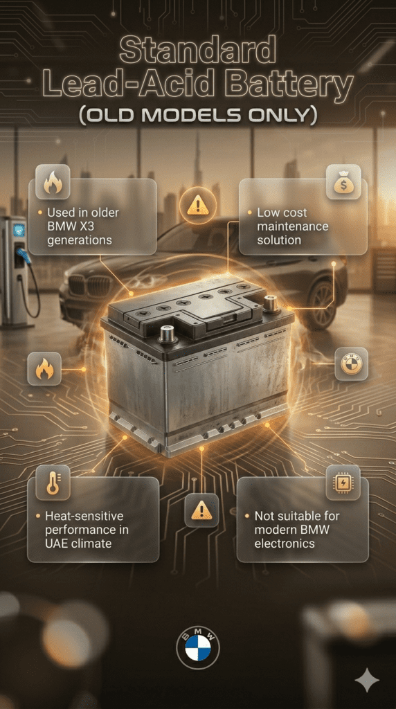 Standard lead-acid battery BMW X3 old model infographic showing low cost, heat sensitivity, and incompatibility with modern BMW electronics systems in Dubai conditions