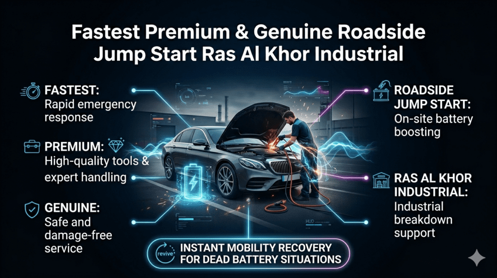 Roadside jump start explanation in Ras Al Khor Industrial showing technician boosting car battery with key service meaning points.